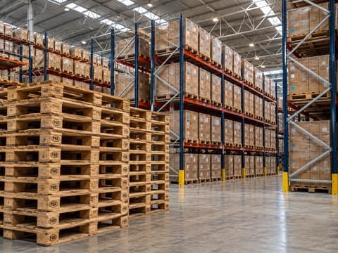 Pilha de paletes padrão PBR ao lado do porta-paletes carregado