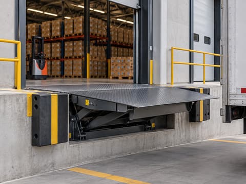 Plataforma niveladora estendida entre a doca e a carroceria do caminhão